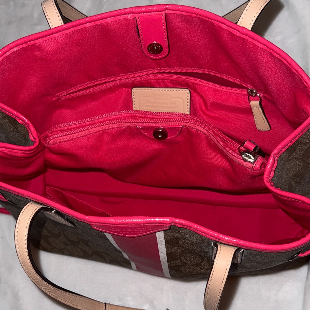 Coach Brown Signature Tote with Pink and White Stripe - Picture 11 of 14